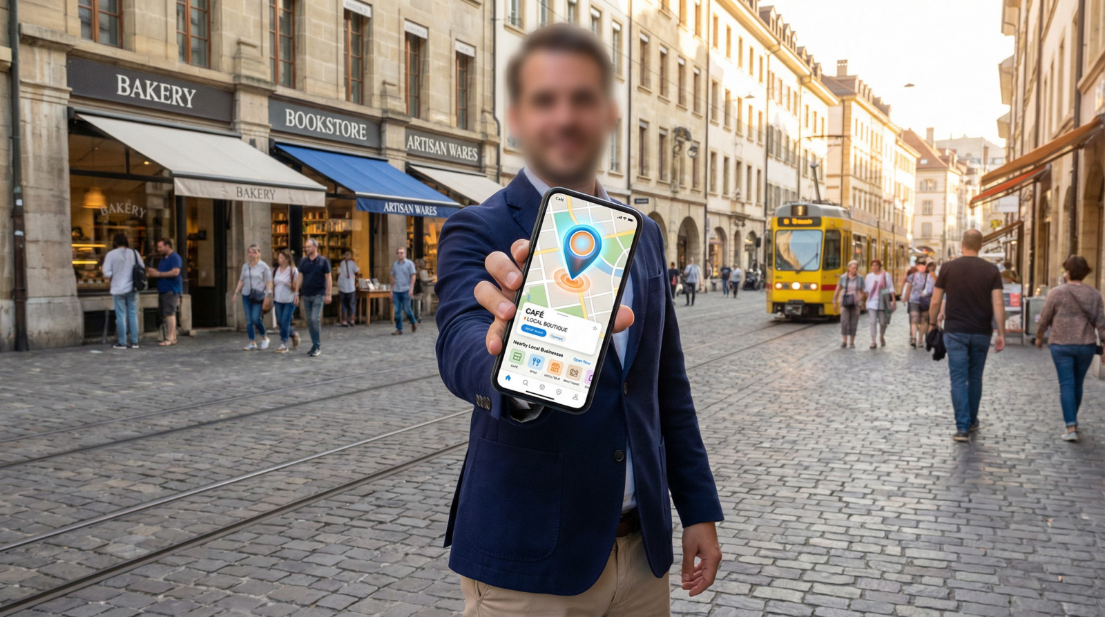 Homme présentant application cartographique dans rue commerçante.