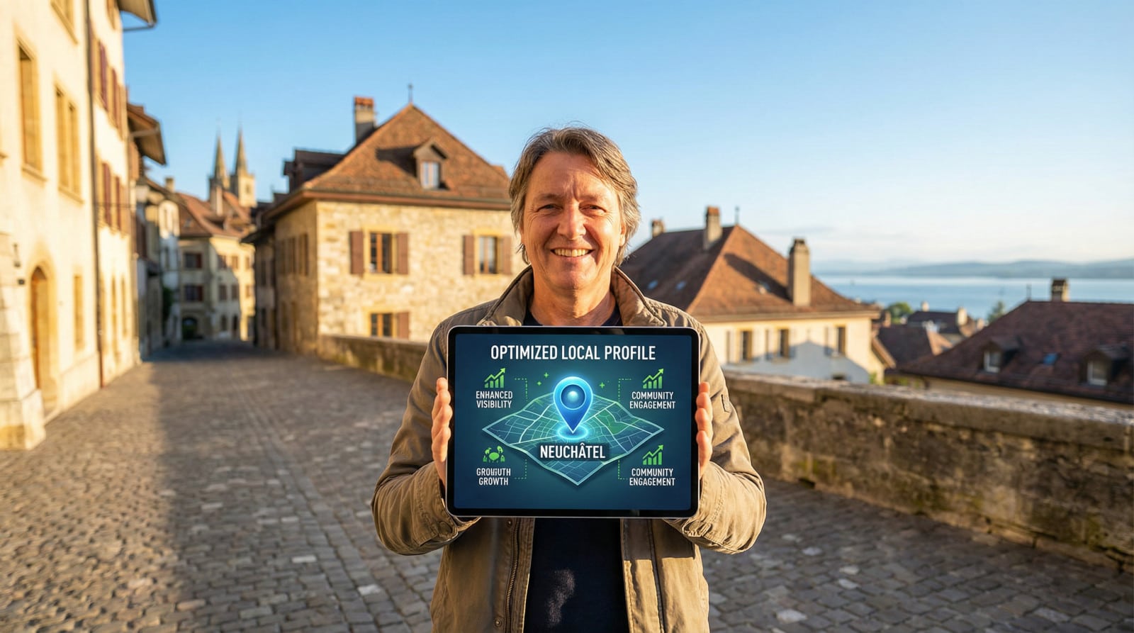 Homme souriant tenant une tablette à Neuchâtel.