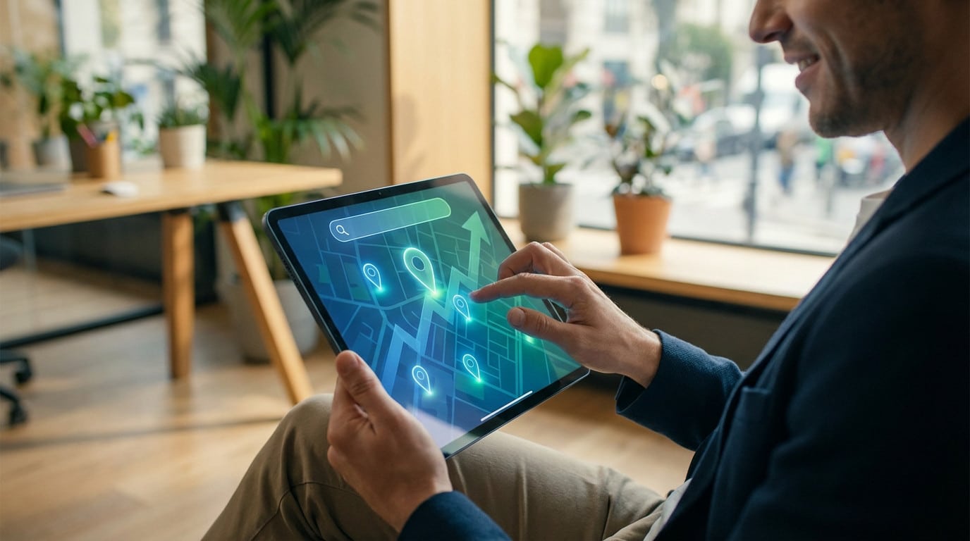 Un homme souriant utilise une tablette affichant une carte avec des épingles de localisation lumineuses et une flèche ascendante, symbolisant l'optimisation du référencement local.
