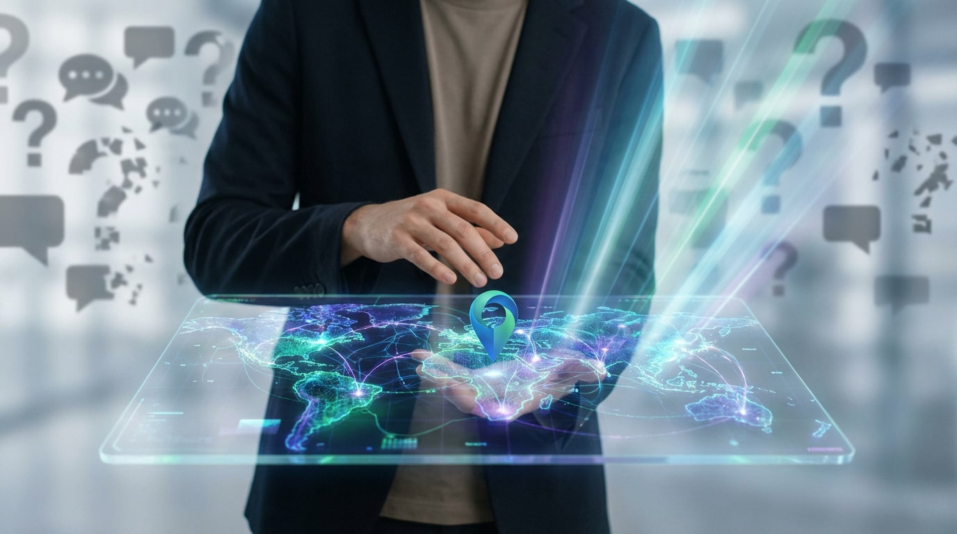 Homme tenant une carte holographique avec une épingle Google Maps. Des points d'interrogation s'estompent, illustrant la fin des FAQ.