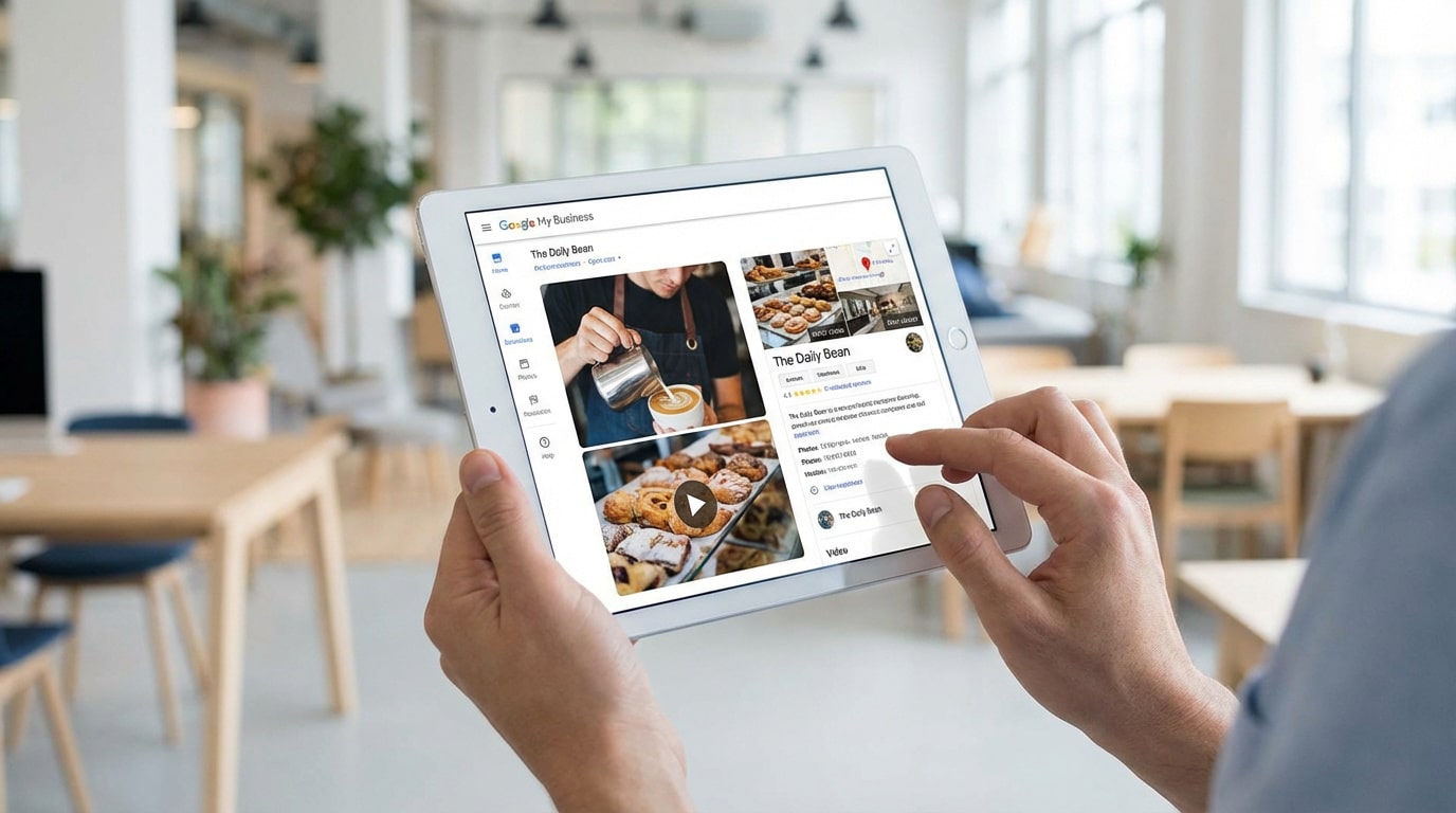 Mains tenant une tablette affichant un profil Google My Business. Le profil d'un café montre des photos de barista, pâtisseries et une vidéo.