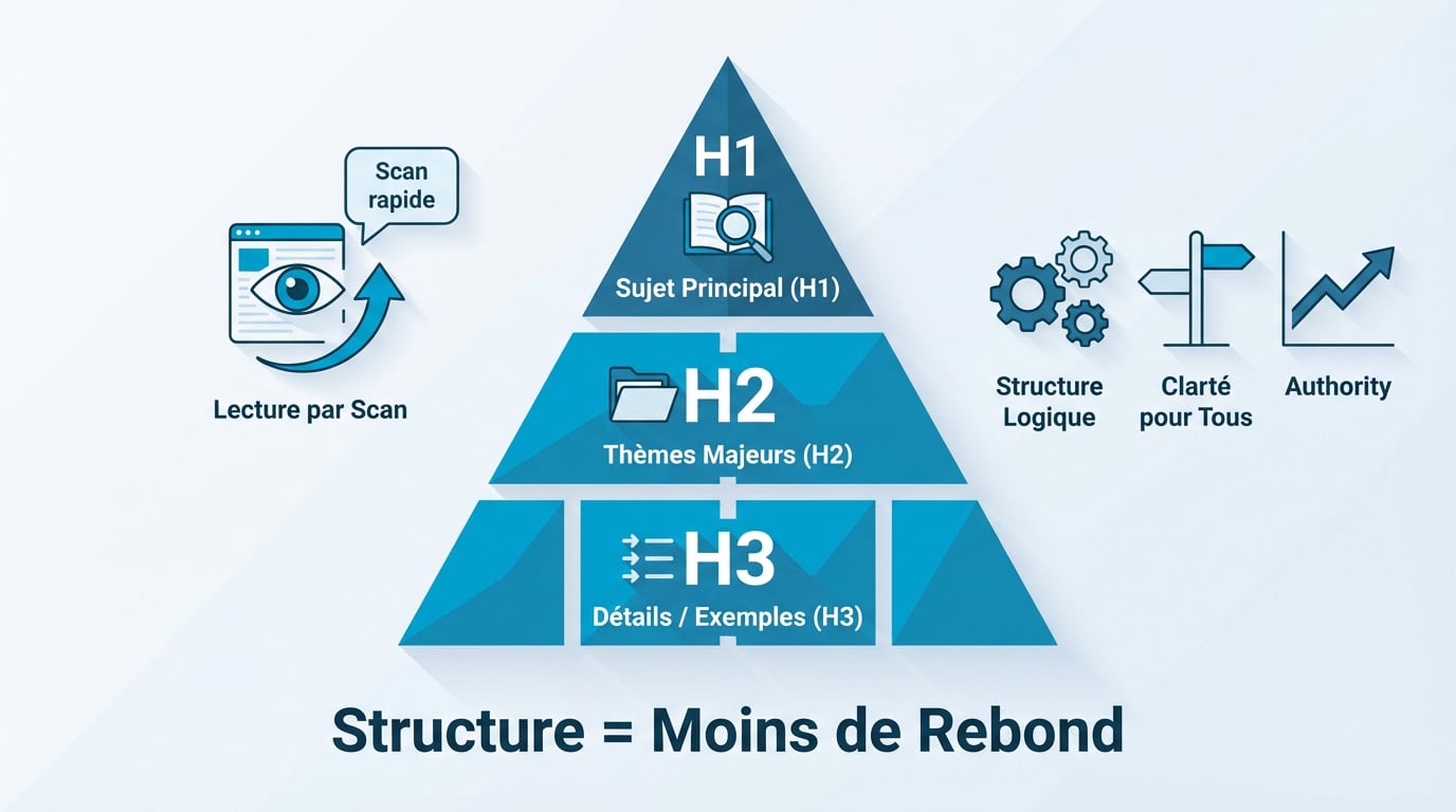Infographie montrant la hiérarchie logique des balises H2 et H3 pour la structure d'un article WordPress