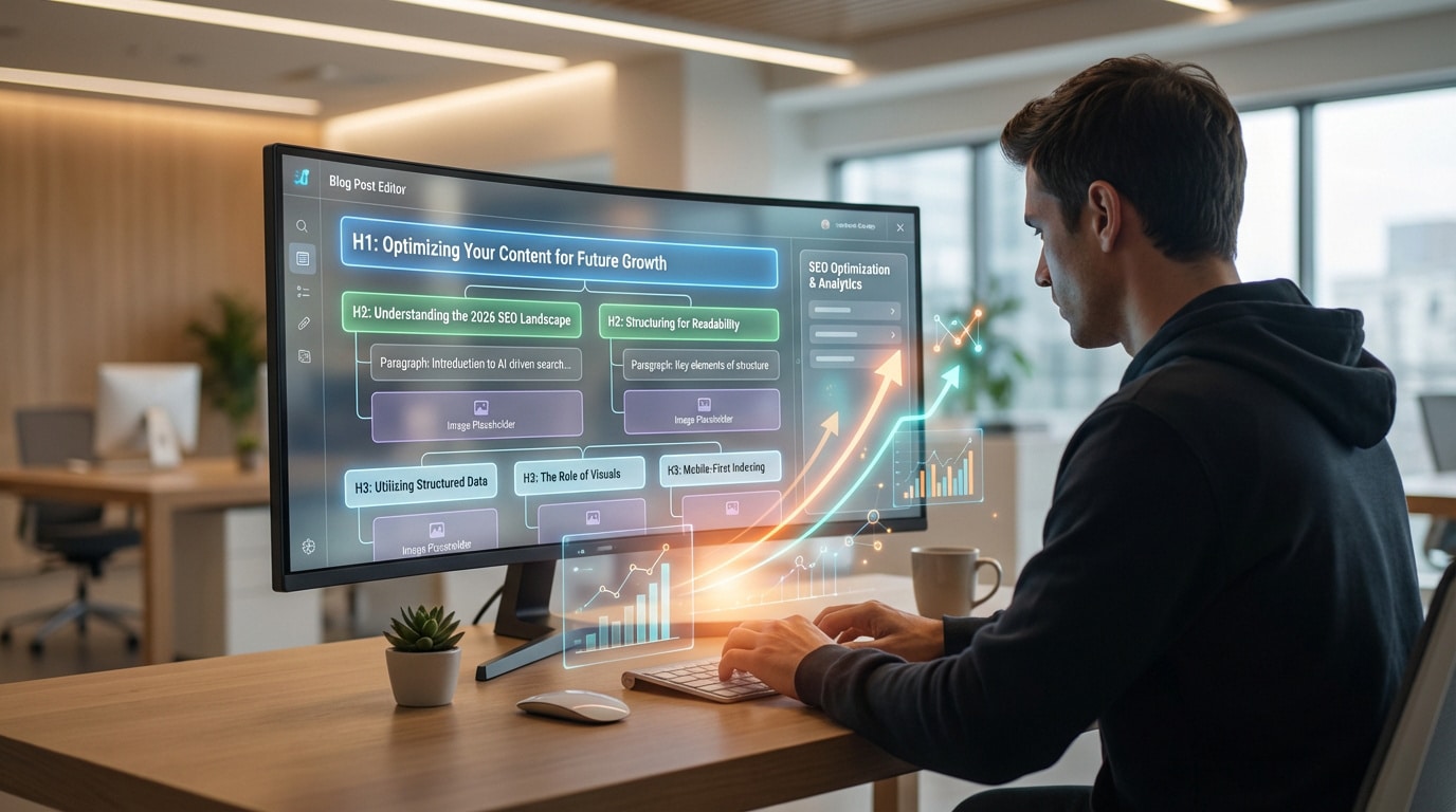 Homme optimisant la structure SEO d'un article WordPress sur un écran, avec des graphiques de croissance numériques et des titres H1, H2, H3.