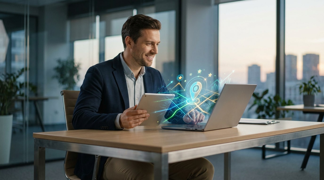 Professionnel souriant optimisant sa visibilité locale sur un ordinateur avec une icône de localisation en hologramme.