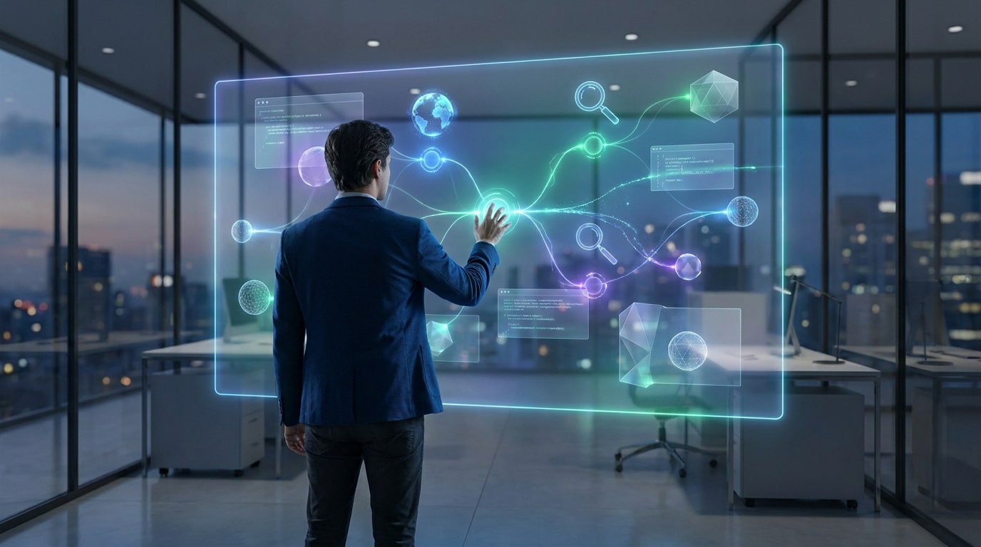 Un homme en costume interagissant avec une interface holographique futuriste représentant des données web dans un bureau.